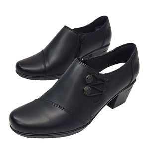 Clarks Collection Black Leather Ankle Shoe Women's 9 Zip 2.5" Block Heel Bootie